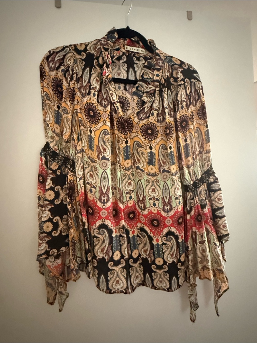 Alice + Olivia Multi-Color Paisley Tie-Neck Blouse with Bell Sleeves